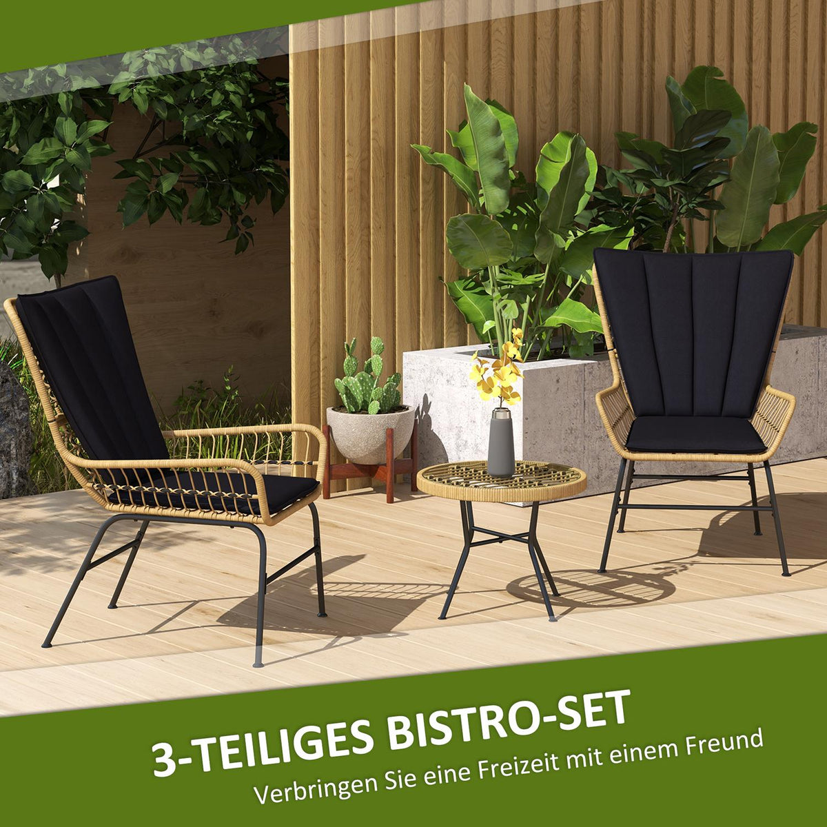 3-piece rattan seating group garden furniture set with 2 chairs & side table tempered glass top and cushions