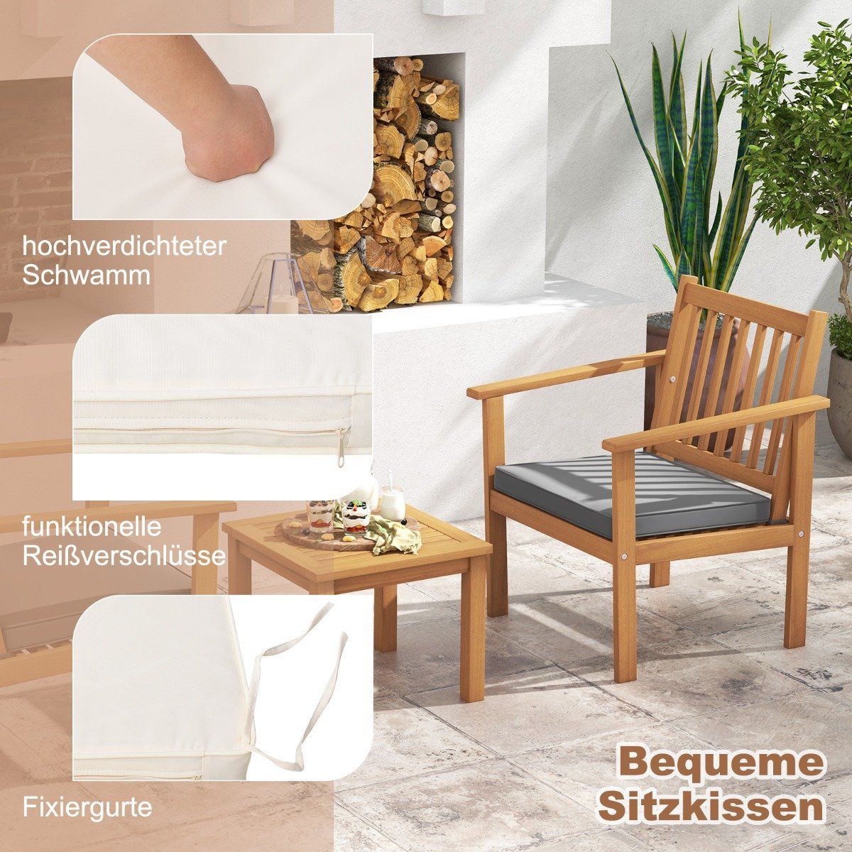3 pieces Acacia wood patio furniture set 2 garden chairs with cushions & coffee table bistro set