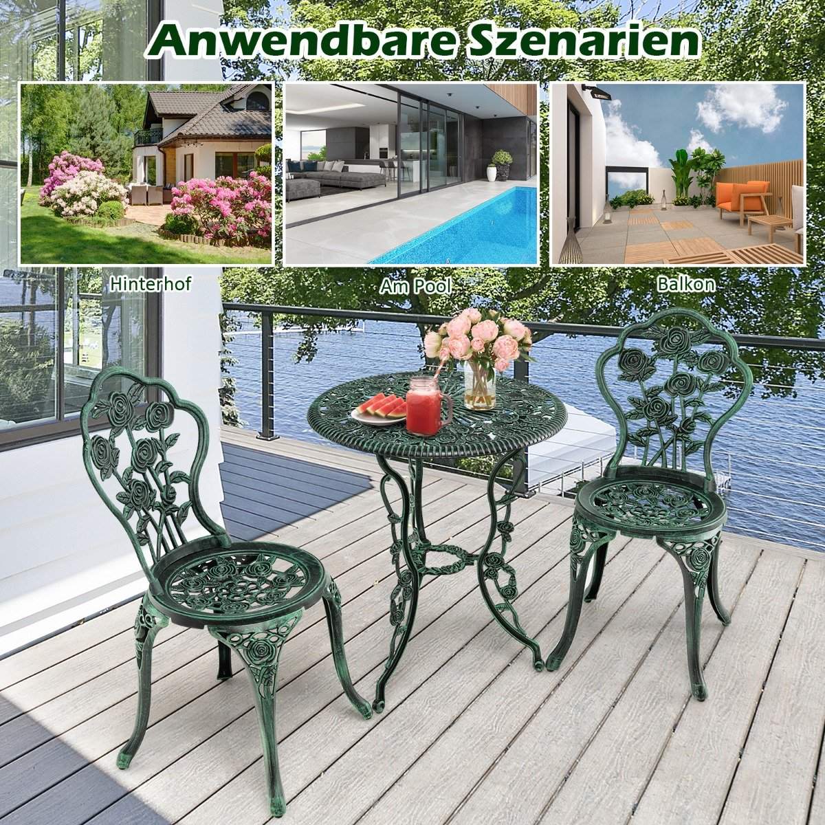 3 pieces Antique bistro set rose design seating group balcony set garden set with 2 chairs