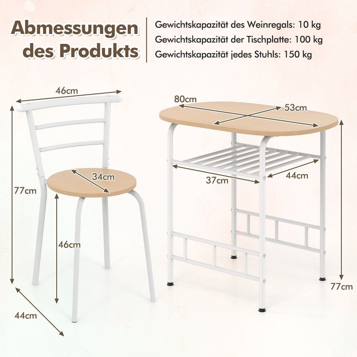 3 pieces Dining group kitchen table &amp; Chairs with wine rack, space-saving seating group, dining room group, white