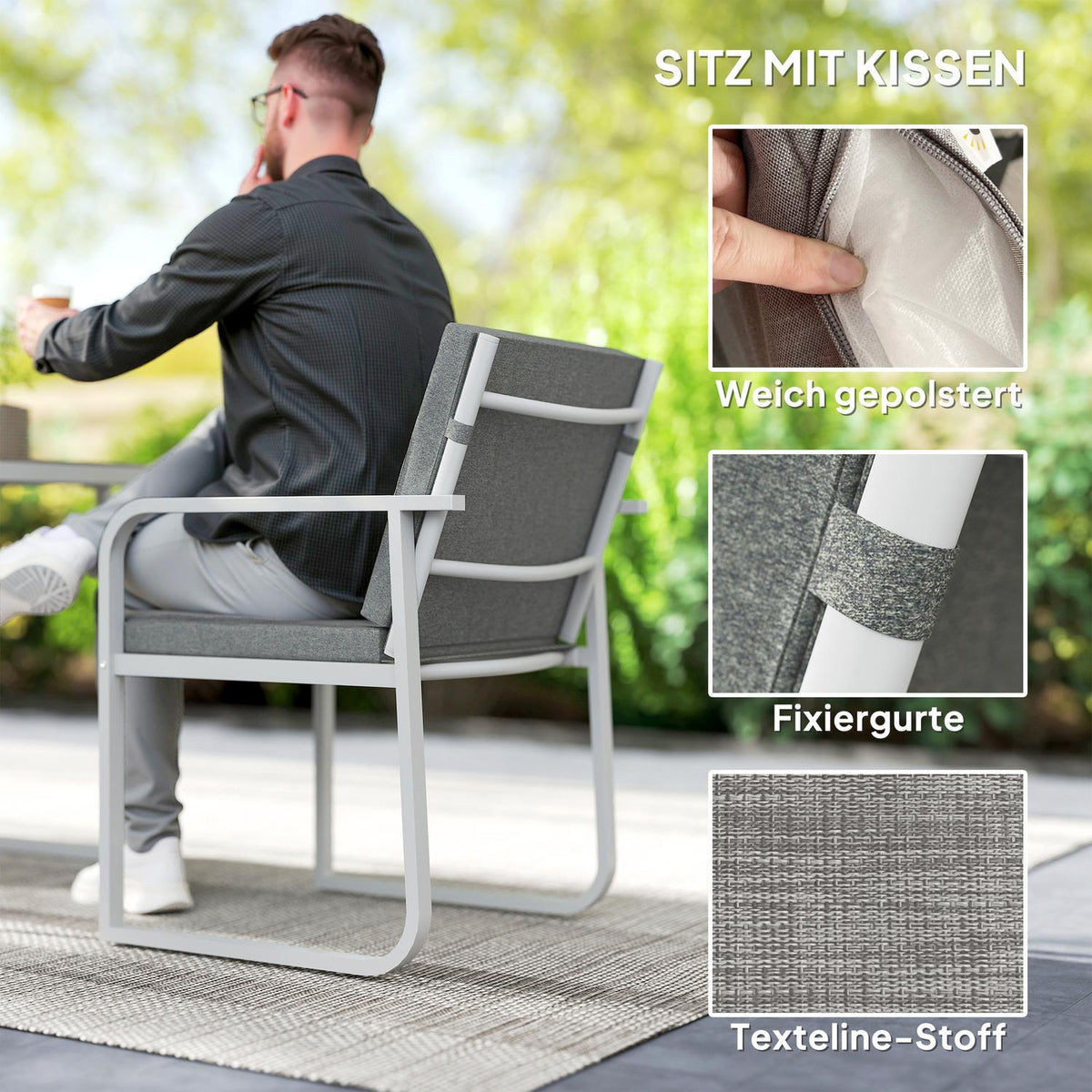 3-piece seating group, dining group for 2 people, dining table with 4 chairs, seat cushions, dining room group with glass table, kitchen table set, balcony furniture, garden furniture for terrace, balcony, dining room, light gray