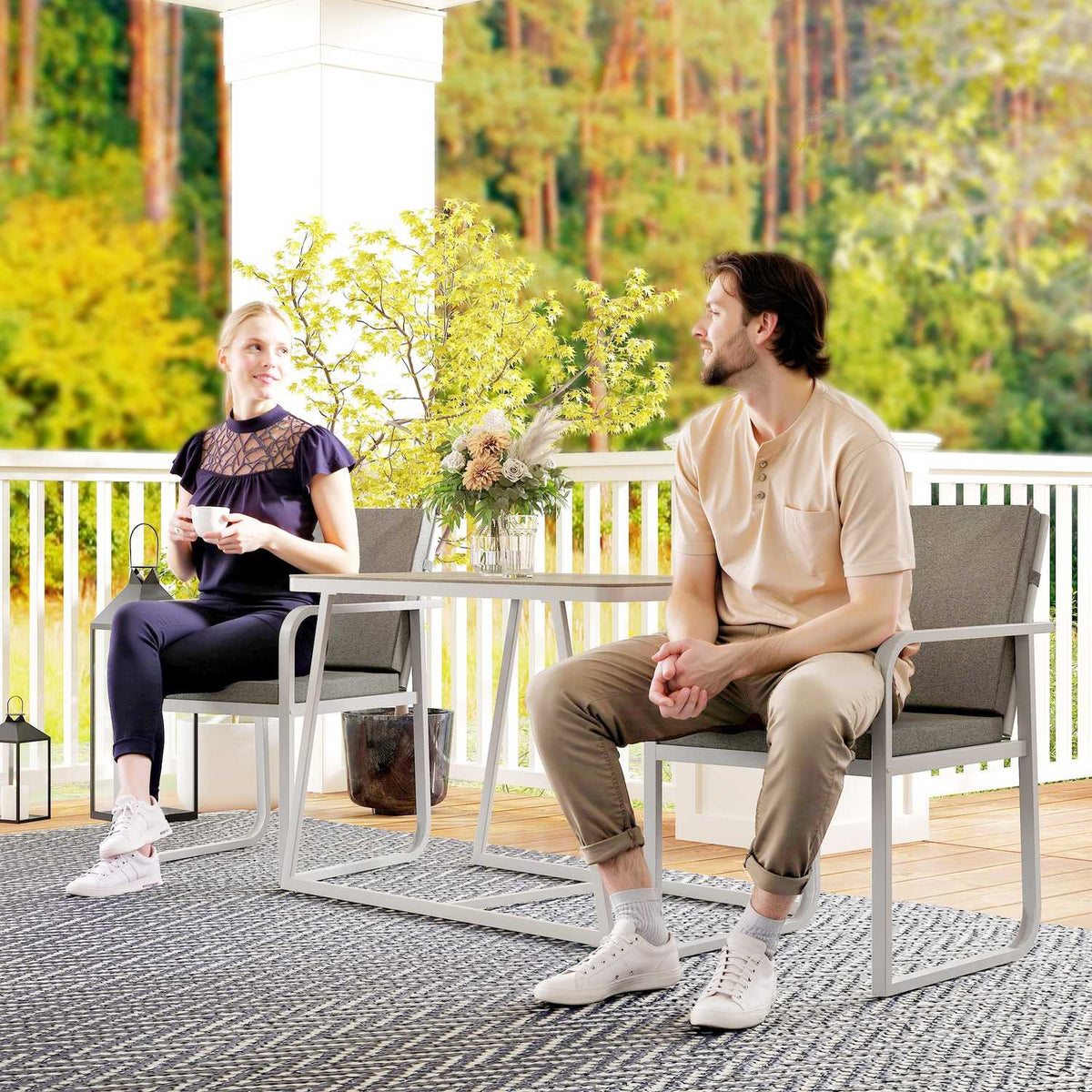 3-piece seating group, dining group for 2 people, dining table with 4 chairs, seat cushions, dining room group with glass table, kitchen table set, balcony furniture, garden furniture for terrace, balcony, dining room, light gray