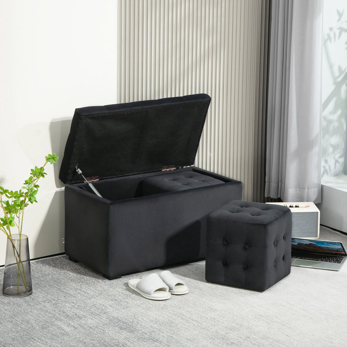 3-piece set with storage space, 2 x stools, upholstered seat chest, footstool, storage box, footrest, load capacity up to 130 kg, microfibre, foam, 75 x 40 x 42 cm, dark grey