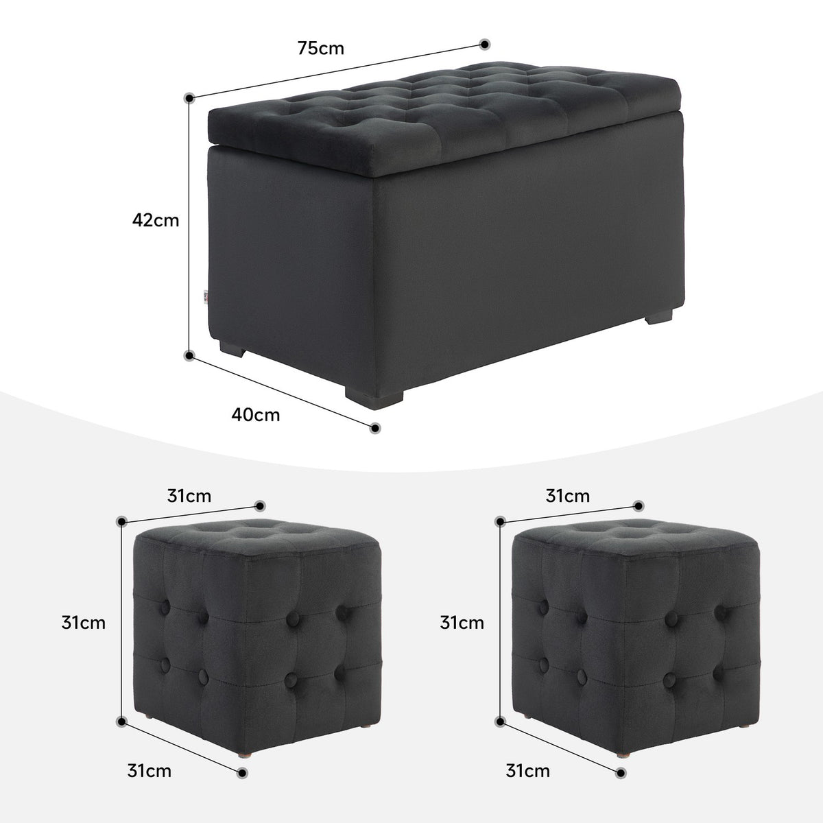 3-piece set with storage space, 2 x stools, upholstered seat chest, footstool, storage box, footrest, load capacity up to 130 kg, microfibre, foam, 75 x 40 x 42 cm, dark grey