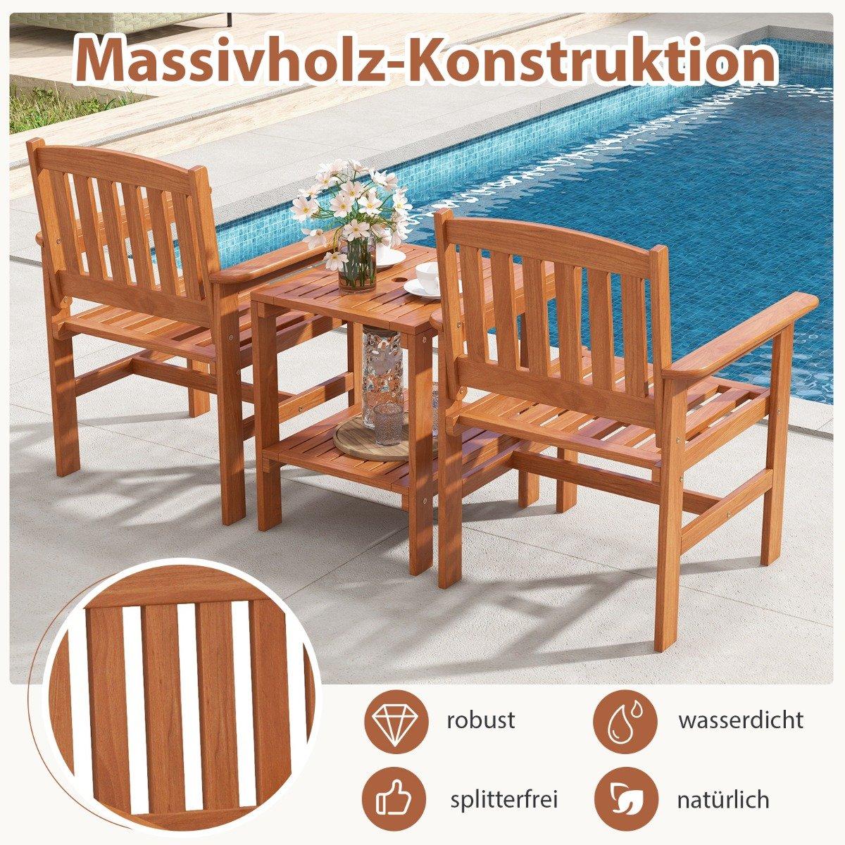 3-piece wooden bistro set with 2 chairs & table & hole for parasol seating group