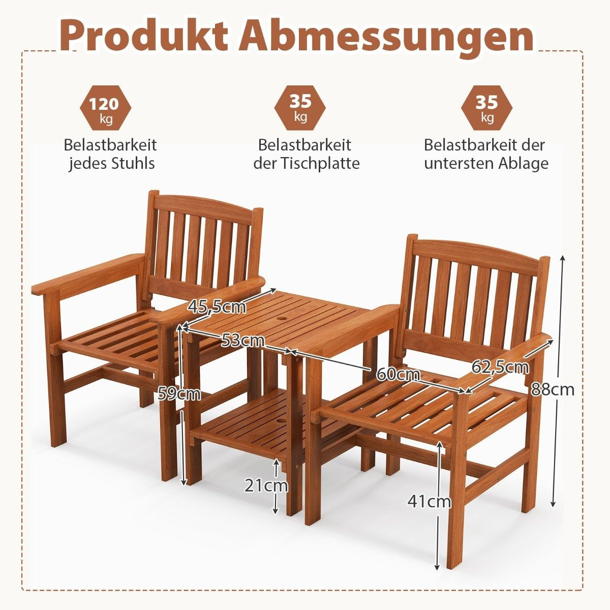 3-piece wooden bistro set with 2 chairs & table & hole for parasol seating group