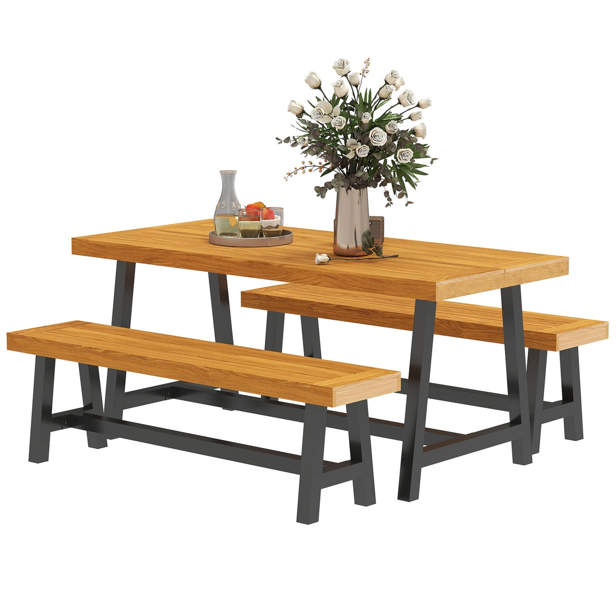 3-piece wooden dining group for 4 people in slat design Dining table with 2 benches Dining room group with wooden table Kitchen table set Balcony furniture Garden furniture for terrace, balcony Teak |