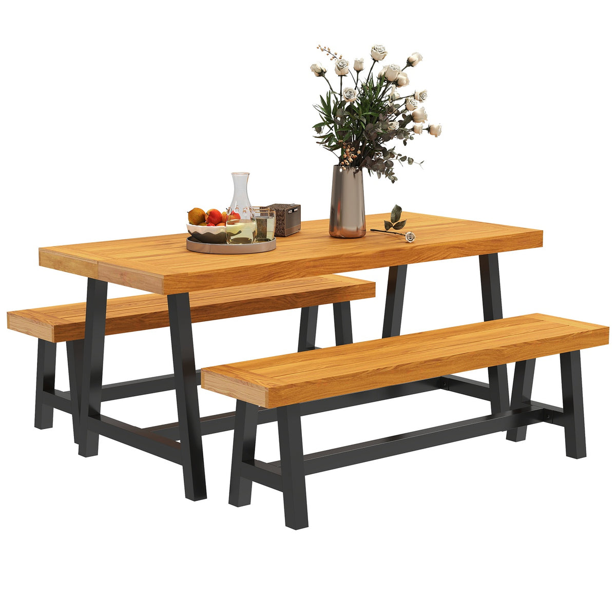 3-piece wooden dining group for 4 people in slat design Dining table with 2 benches Dining room group with wooden table Kitchen table set Balcony furniture Garden furniture for terrace, balcony Teak |