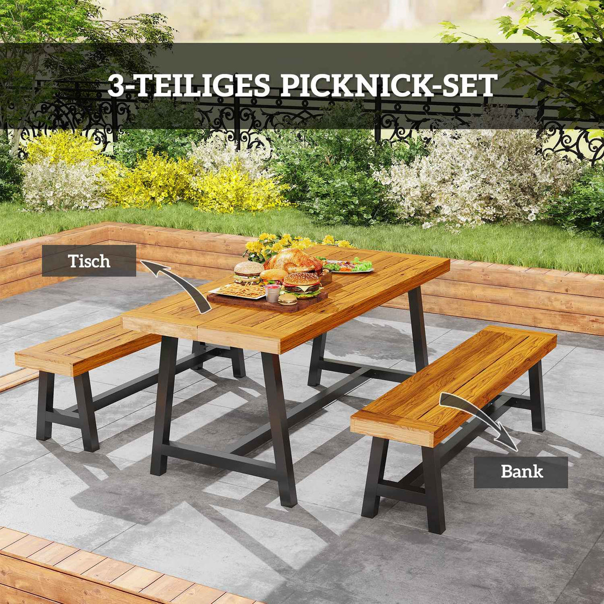 3-piece wooden dining group for 4 people in slat design Dining table with 2 benches Dining room group with wooden table Kitchen table set Balcony furniture Garden furniture for terrace, balcony Teak |