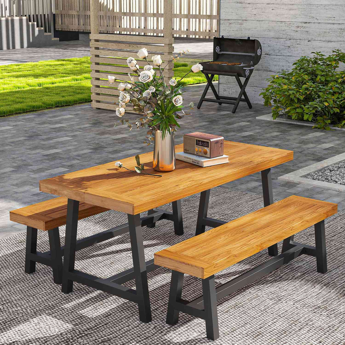 3-piece wooden dining group for 4 people in slat design Dining table with 2 benches Dining room group with wooden table Kitchen table set Balcony furniture Garden furniture for terrace, balcony Teak |