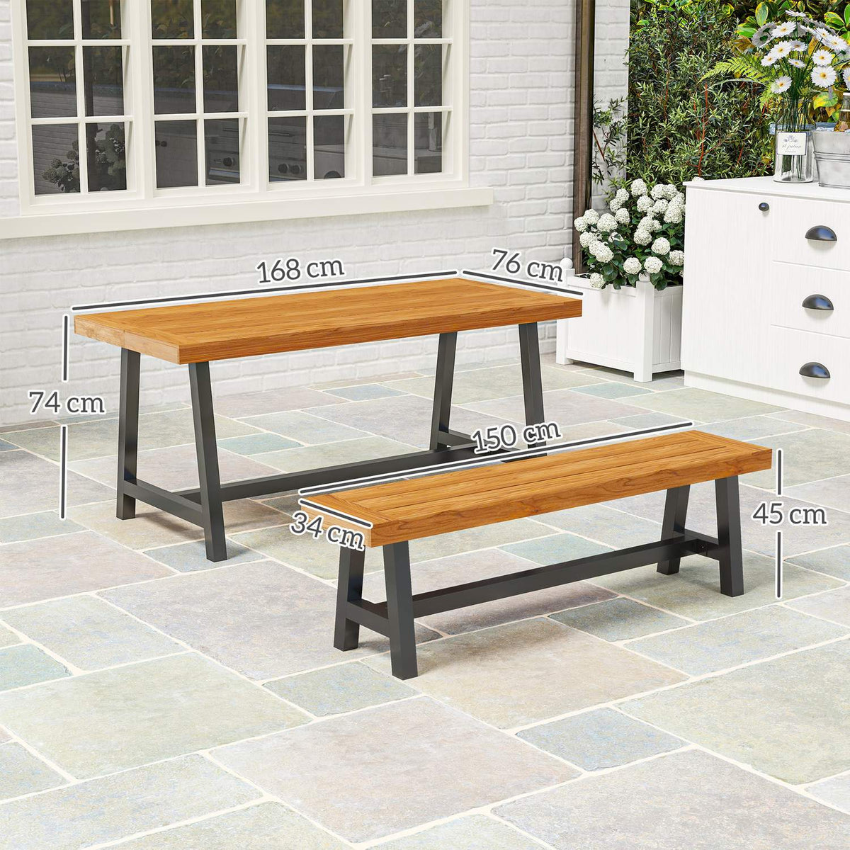3-piece wooden dining group for 4 people in slat design Dining table with 2 benches Dining room group with wooden table Kitchen table set Balcony furniture Garden furniture for terrace, balcony Teak |