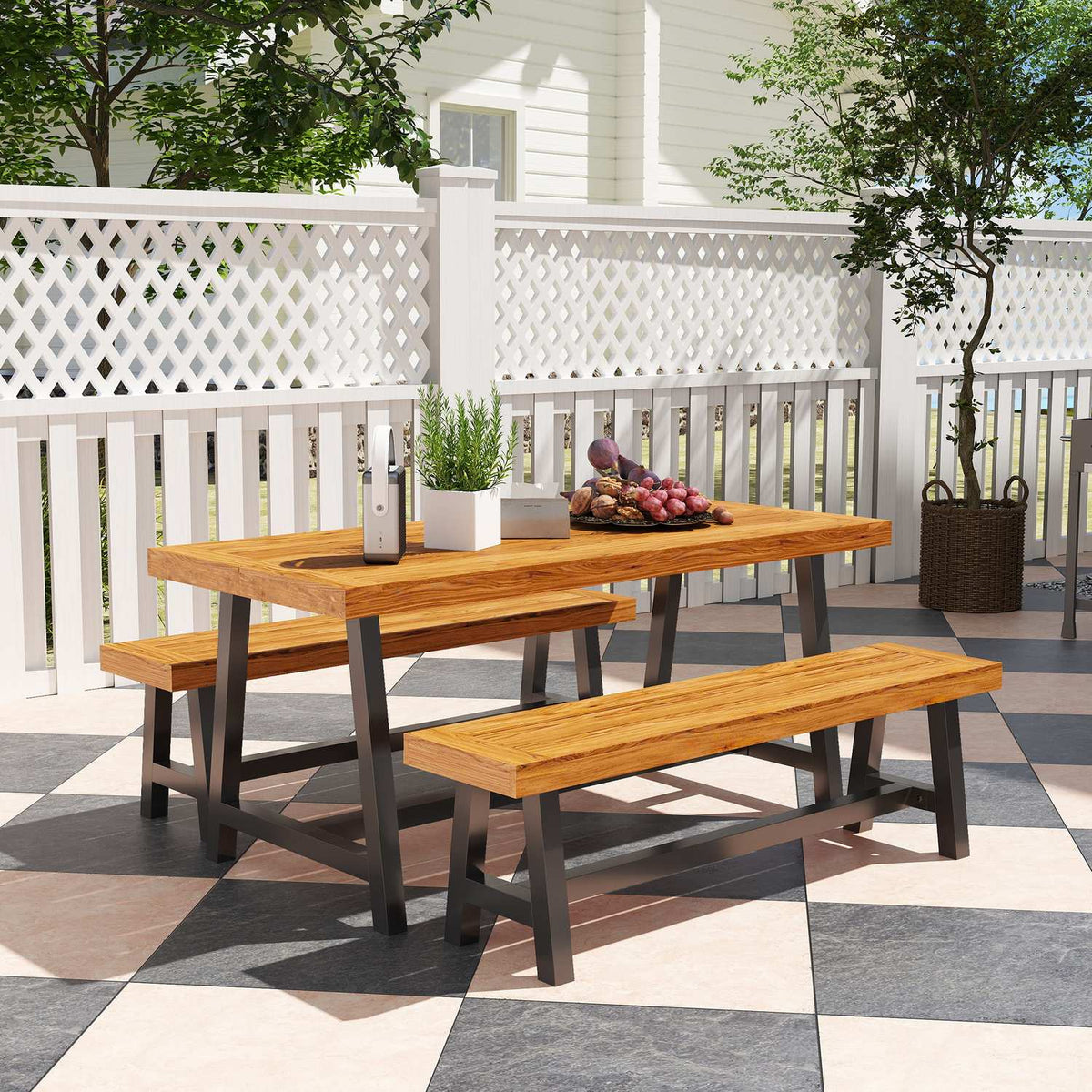3-piece wooden dining group for 4 people in slat design Dining table with 2 benches Dining room group with wooden table Kitchen table set Balcony furniture Garden furniture for terrace, balcony Teak |