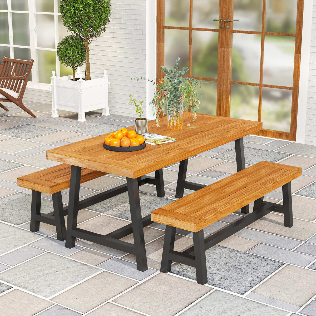 3-piece wooden dining group for 4 people in slat design Dining table with 2 benches Dining room group with wooden table Kitchen table set Balcony furniture Garden furniture for terrace, balcony Teak |