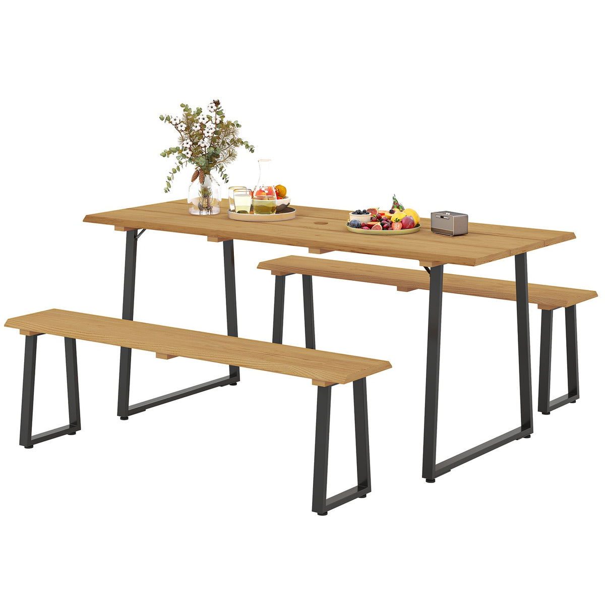 3-piece wooden dining group for 6 people, dining table with 2 benches, umbrella hole, dining room group with wooden table, kitchen table set, balcony furniture, garden furniture for terrace, balcony, natural wood
