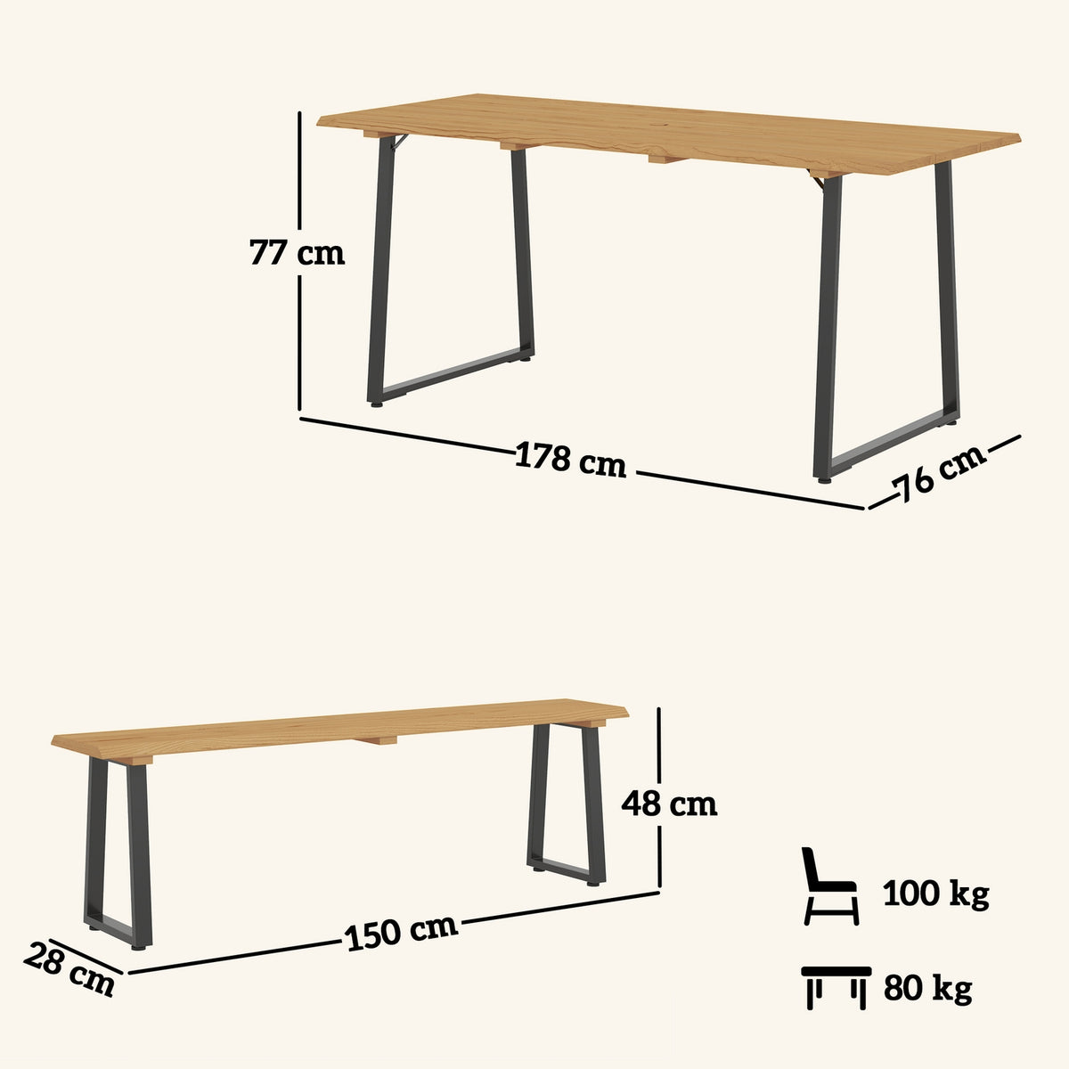 3-piece wooden dining group for 6 people, dining table with 2 benches, umbrella hole, dining room group with wooden table, kitchen table set, balcony furniture, garden furniture for terrace, balcony, natural wood