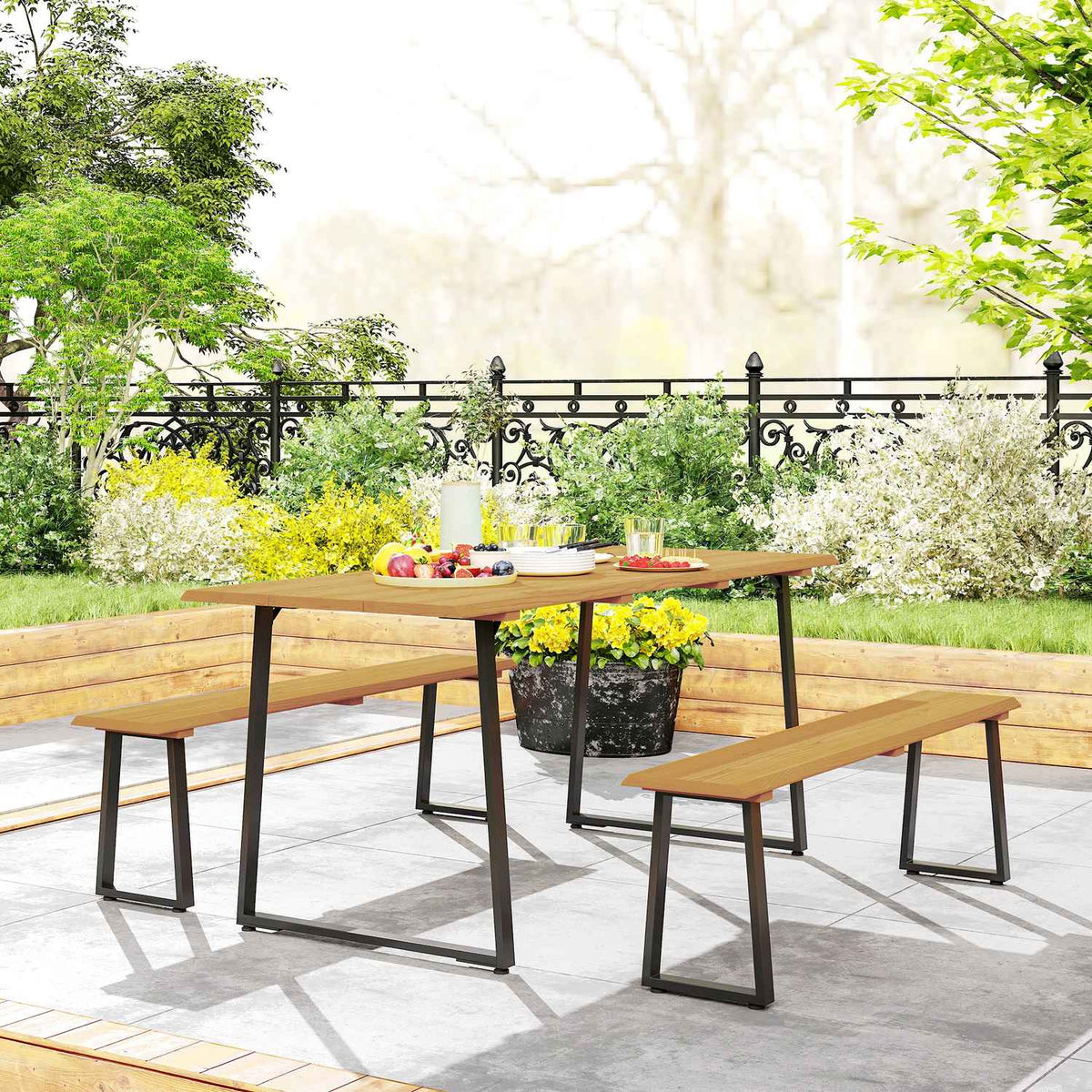 3-piece wooden dining group for 6 people, dining table with 2 benches, umbrella hole, dining room group with wooden table, kitchen table set, balcony furniture, garden furniture for terrace, balcony, natural wood