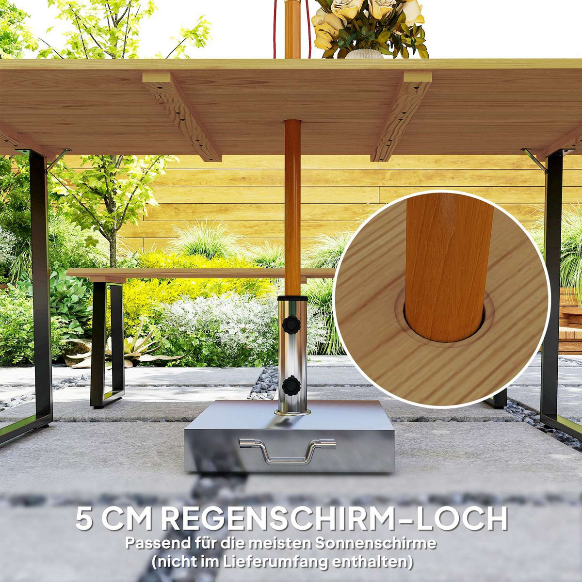 3-piece wooden dining group for 6 people, dining table with 2 benches, umbrella hole, dining room group with wooden table, kitchen table set, balcony furniture, garden furniture for terrace, balcony, natural wood