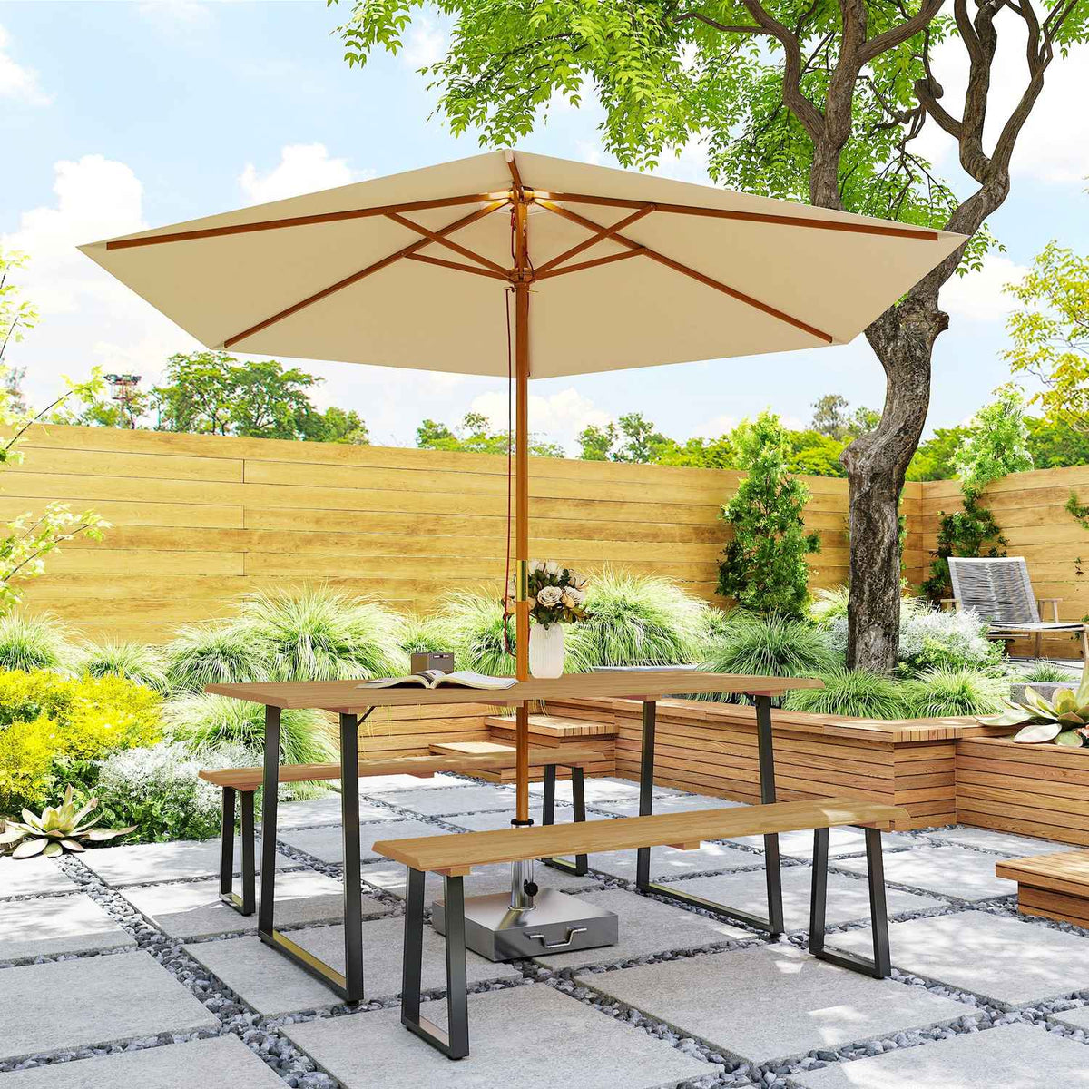 3-piece wooden dining group for 6 people, dining table with 2 benches, umbrella hole, dining room group with wooden table, kitchen table set, balcony furniture, garden furniture for terrace, balcony, natural wood
