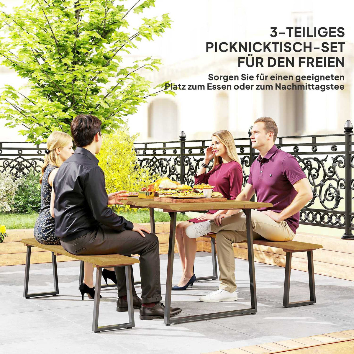 3-piece wooden dining group for 6 people, dining table with 2 benches, umbrella hole, dining room group with wooden table, kitchen table set, balcony furniture, garden furniture for terrace, balcony, natural wood
