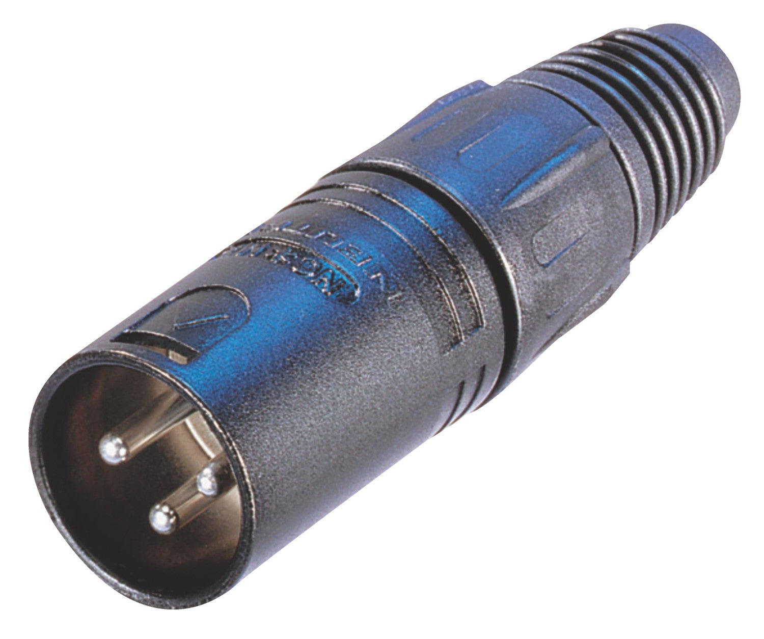 3-pin male cable connector with black metal housing and gold contacts