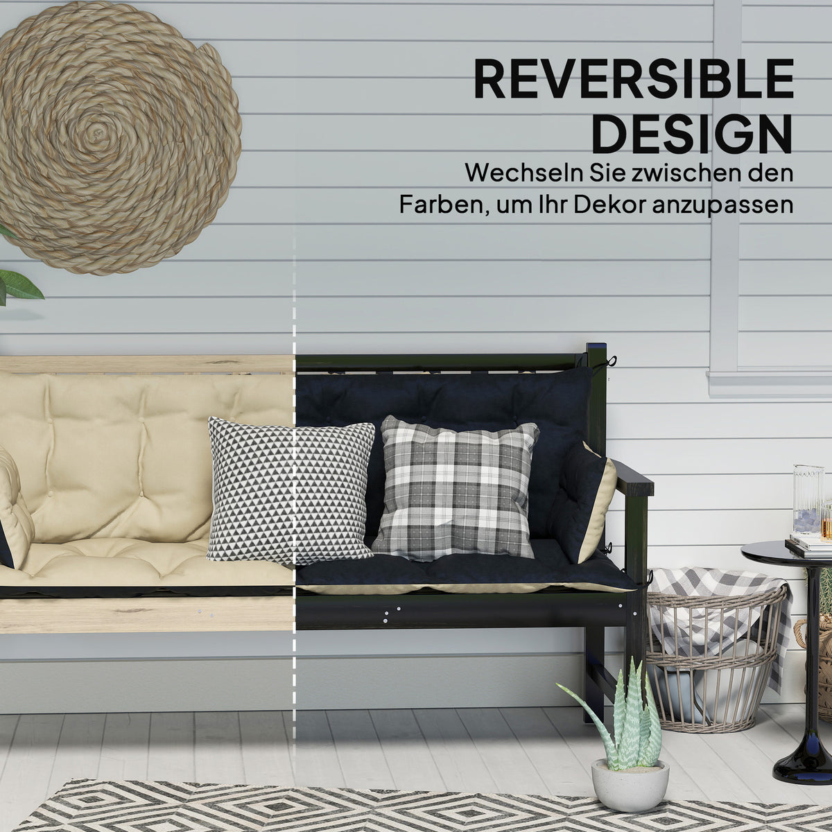 3 seater bench cushion 180x110x8 cm bench cushion with straps, seat cushion, outdoor/indoor chair cushion, seat cushion, seat cushion, bench cushion for garden furniture, porch swing, beige + black