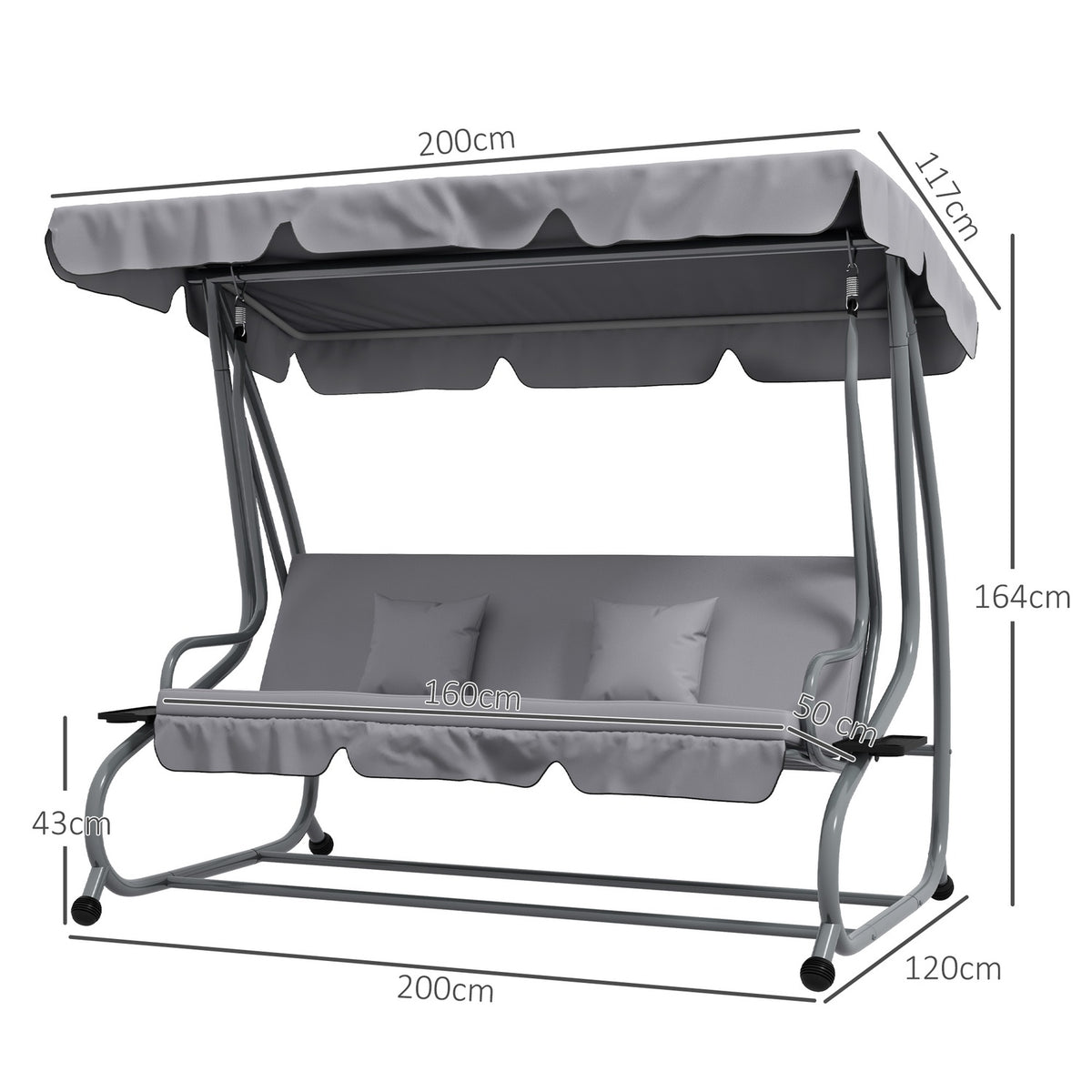 3-seater porch swing, load 340kg, with reclining function, adjustable roof, folding side table, 200x120x164 cm, light gray