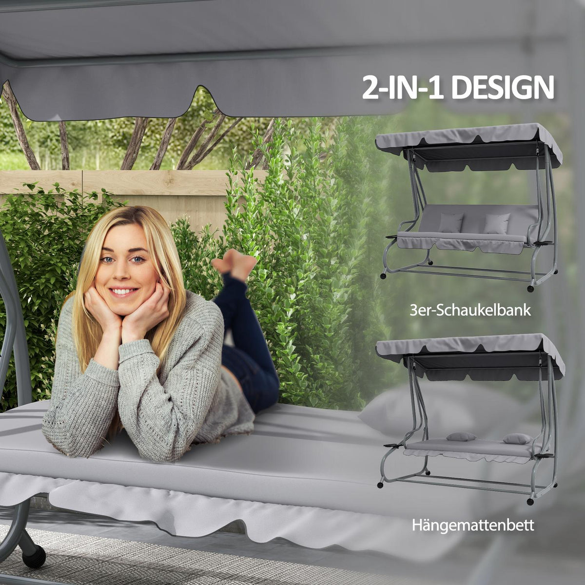 3-seater porch swing, load 340kg, with reclining function, adjustable roof, folding side table, 200x120x164 cm, light gray