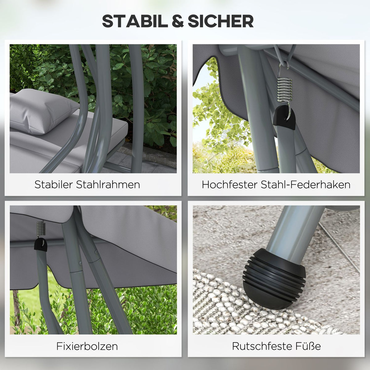 3-seater porch swing, load 340kg, with reclining function, adjustable roof, folding side table, 200x120x164 cm, light gray