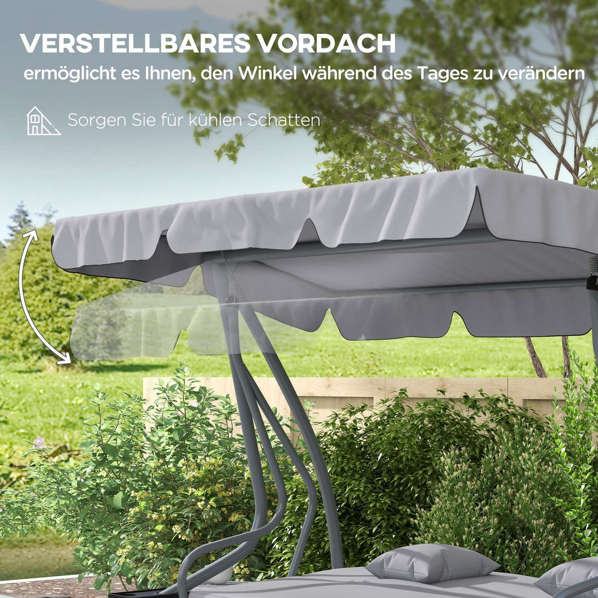 3-seater porch swing, load 340kg, with reclining function, adjustable roof, folding side table, 200x120x164 cm, light gray