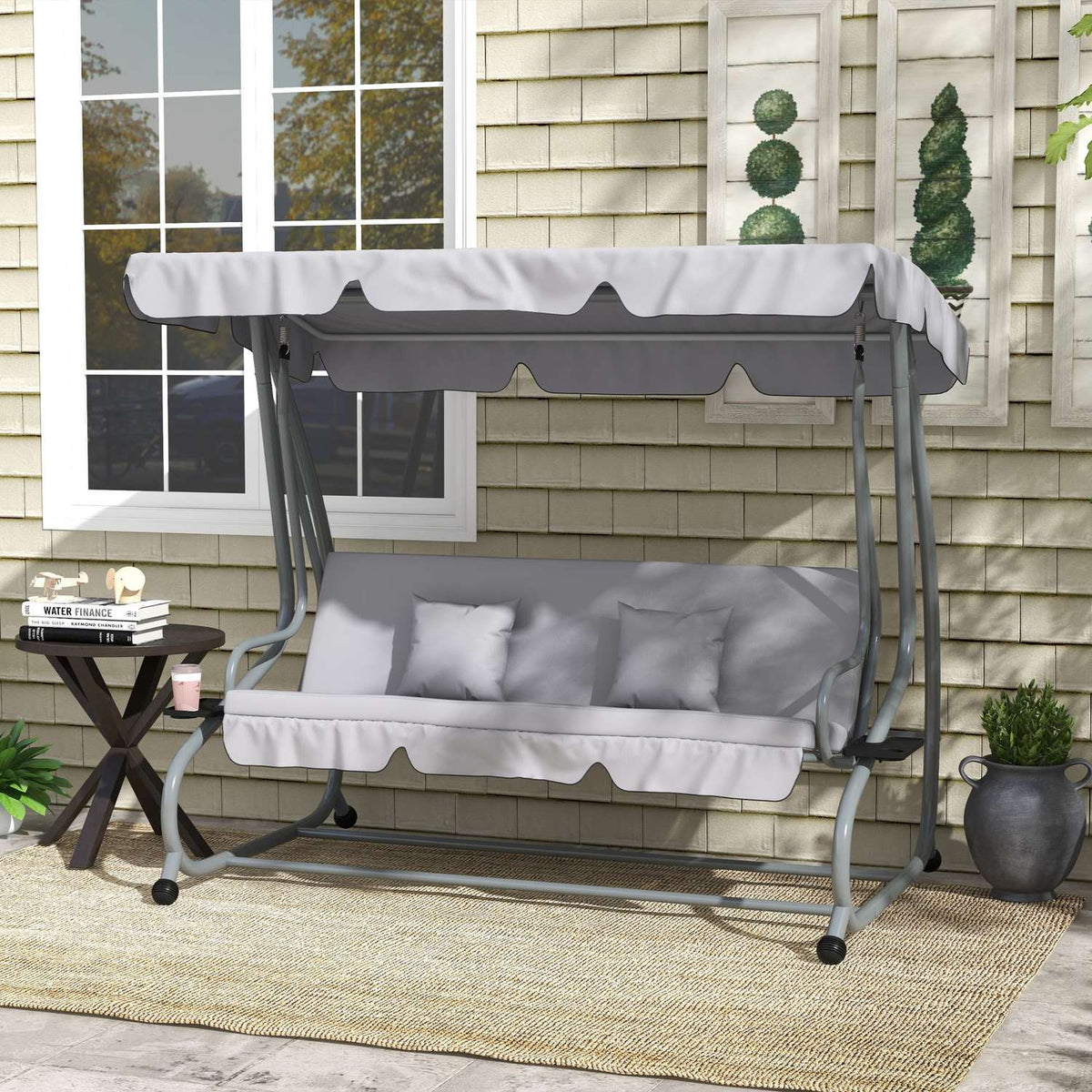 3-seater porch swing, load 340kg, with reclining function, adjustable roof, folding side table, 200x120x164 cm, light gray
