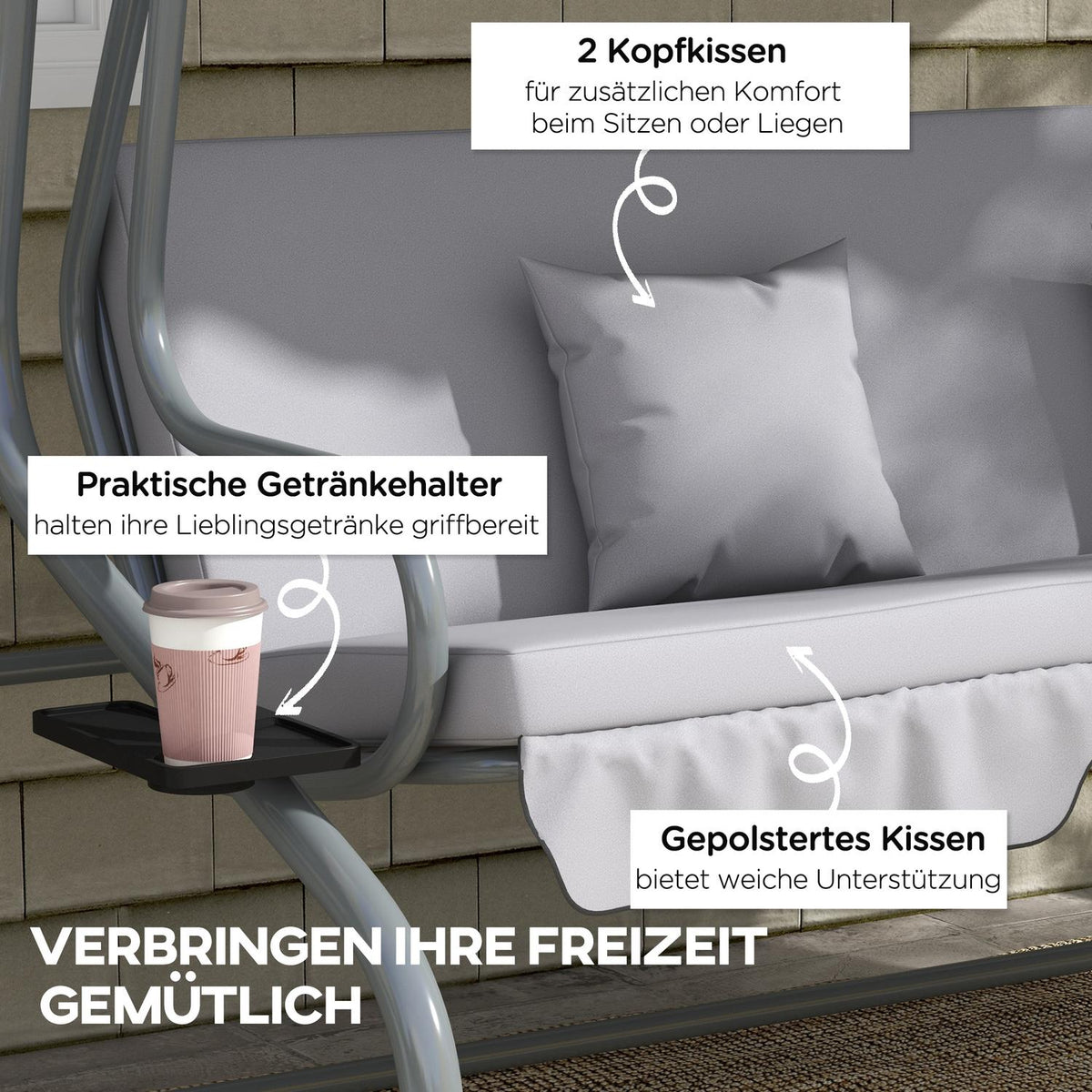 3-seater porch swing, load 340kg, with reclining function, adjustable roof, folding side table, 200x120x164 cm, light gray