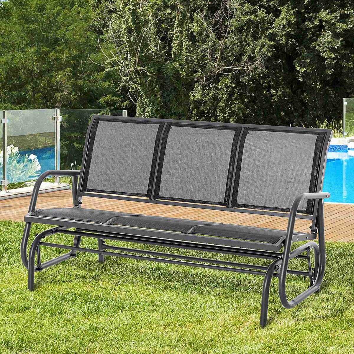 3-seater rocking chair, robust garden bench as a garden swing, metal, weatherproof, black, 151x75x85cm