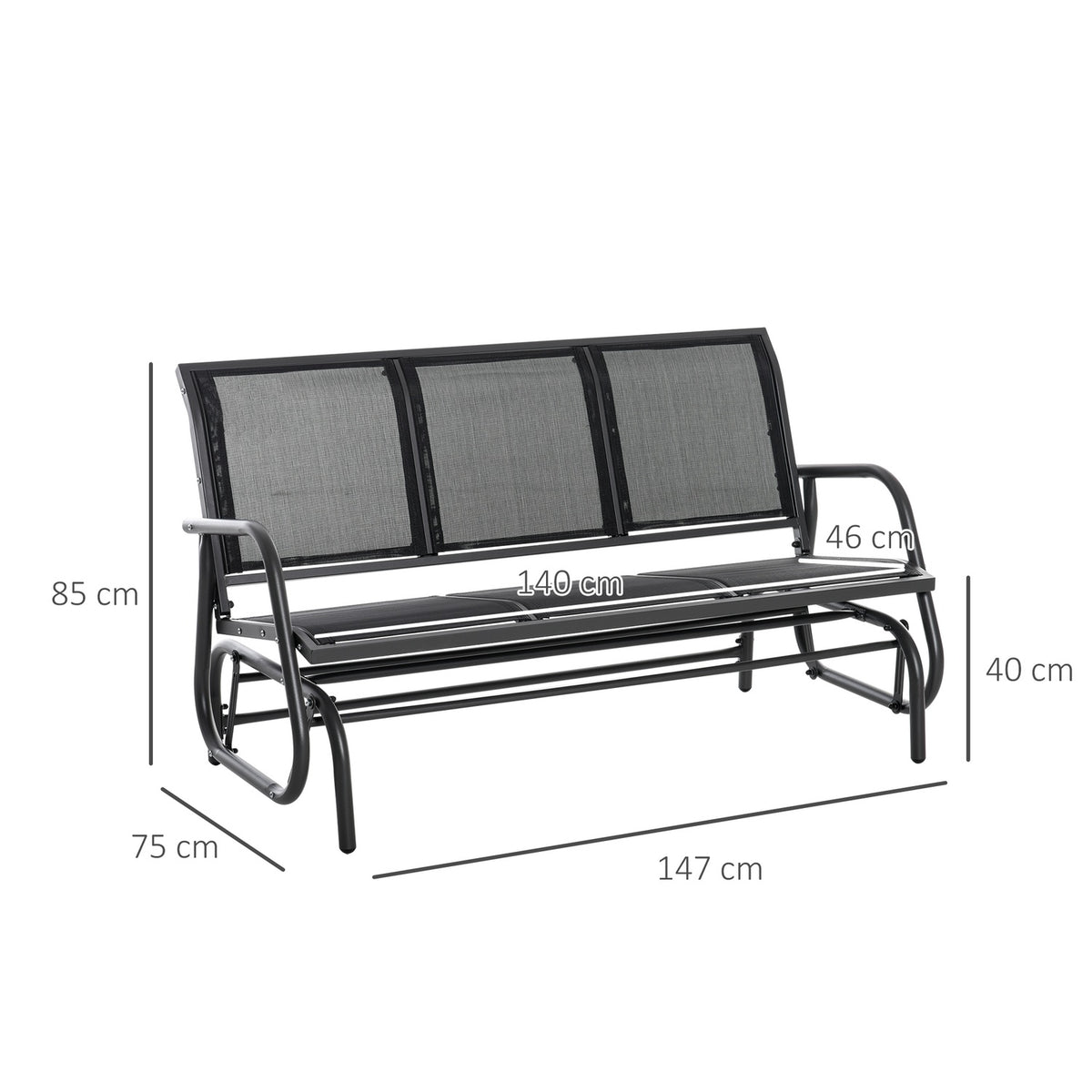 3-seater rocking chair, robust garden bench as a garden swing, metal, weatherproof, black, 151x75x85cm