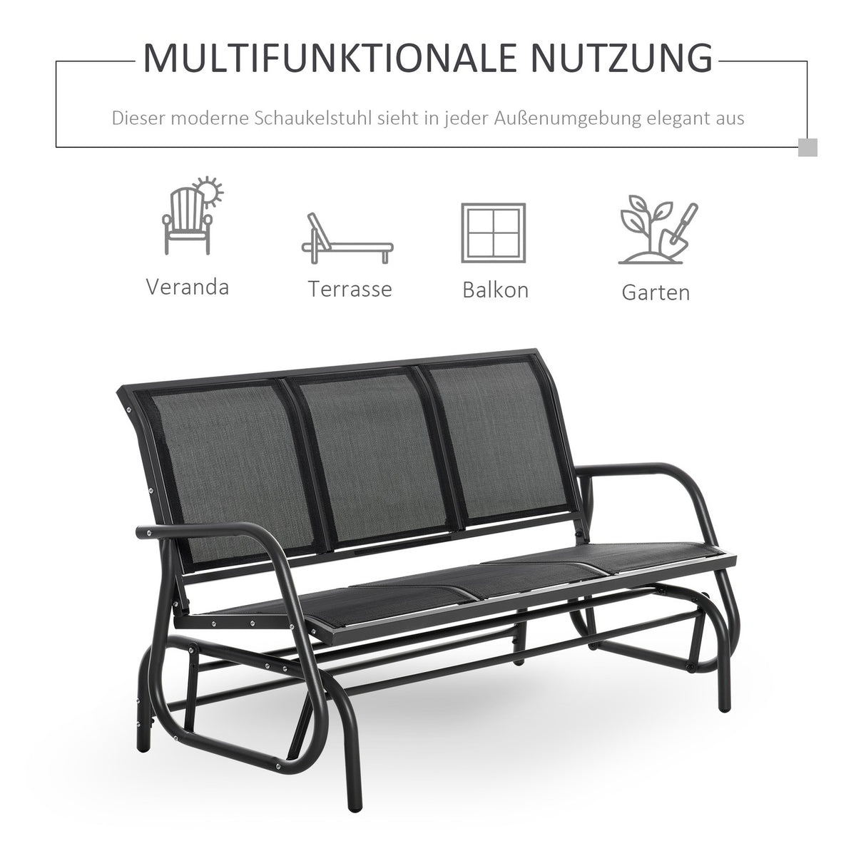 3-seater rocking chair, robust garden bench as a garden swing, metal, weatherproof, black, 151x75x85cm