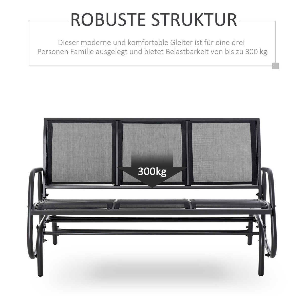 3-seater rocking chair, robust garden bench as a garden swing, metal, weatherproof, black, 151x75x85cm