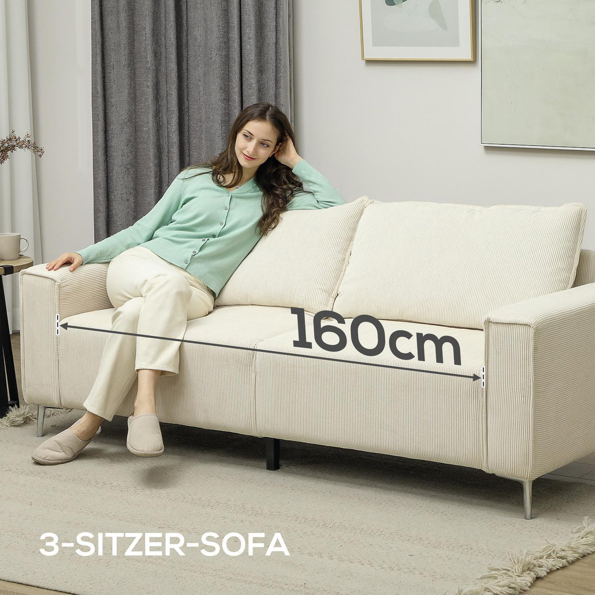 3-seater sofa, couch with armrests, back cushions, living room sofa with cord cover, spring core, thickly padded upholstered sofa for living room, bedroom 193 x 77 x 80 cm, cream white
