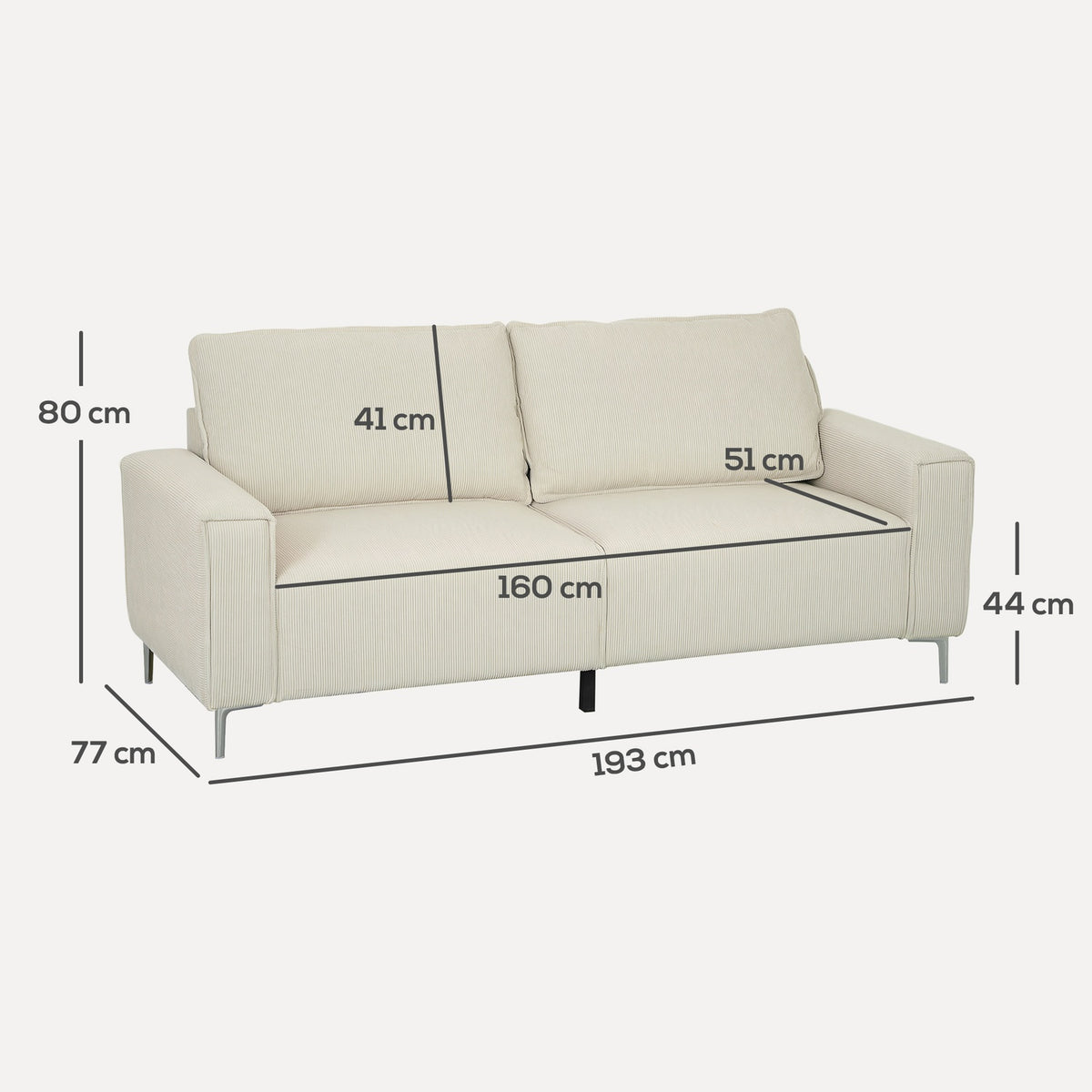 3-seater sofa, couch with armrests, back cushions, living room sofa with cord cover, spring core, thickly padded upholstered sofa for living room, bedroom 193 x 77 x 80 cm, cream white