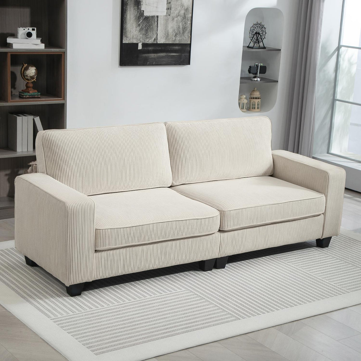 3-seater sofa, couch with armrests, back cushions, living room sofa with cord cover, spring core, upholstered sofa for living room, bedroom 227 x 84 x 87 cm, cream white