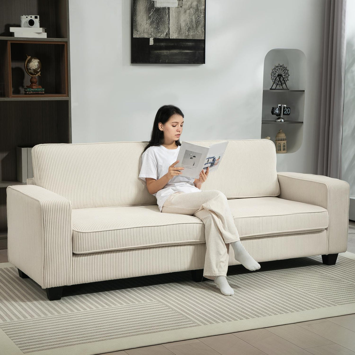 3-seater sofa, couch with armrests, back cushions, living room sofa with cord cover, spring core, upholstered sofa for living room, bedroom 227 x 84 x 87 cm, cream white