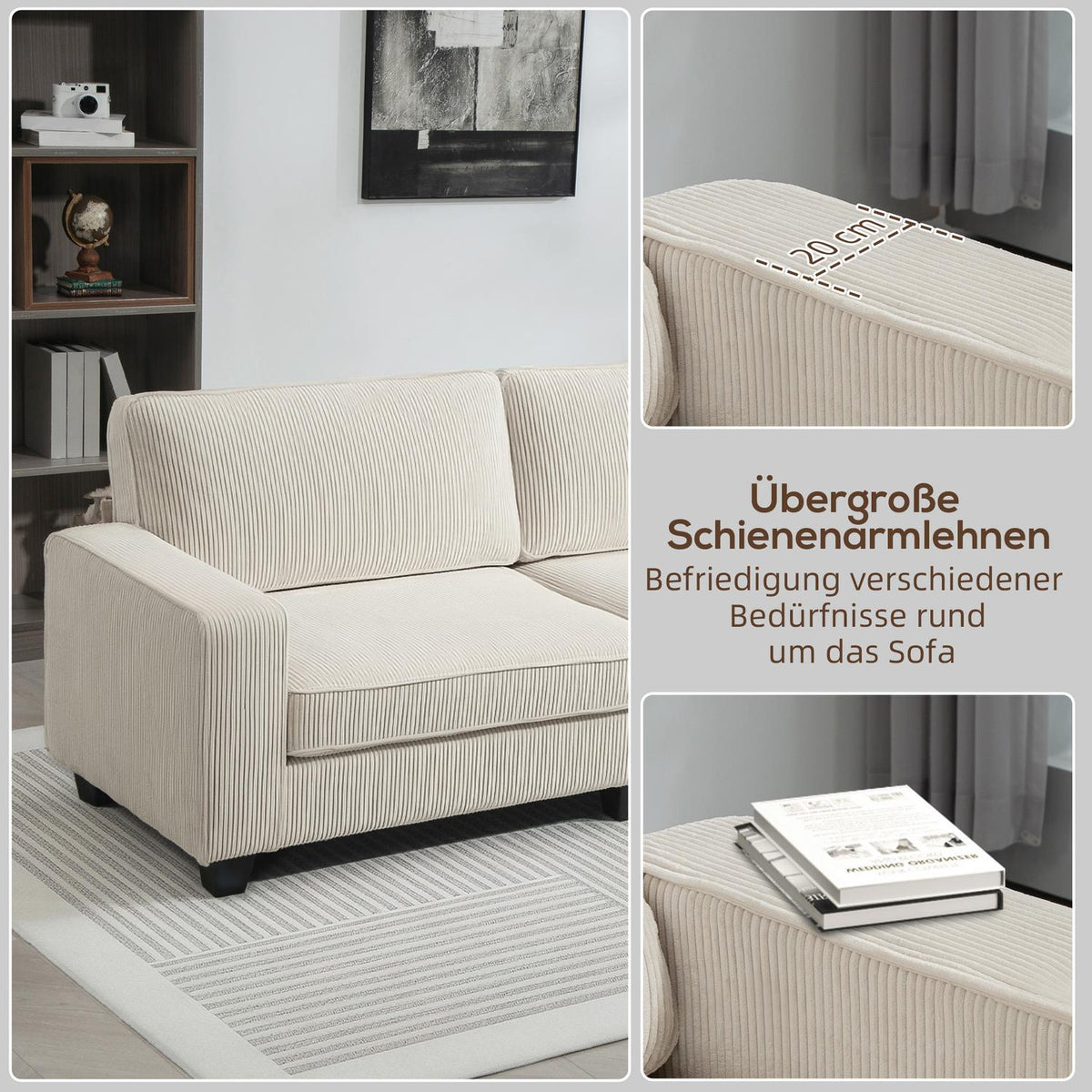 3-seater sofa, couch with armrests, back cushions, living room sofa with cord cover, spring core, upholstered sofa for living room, bedroom 227 x 84 x 87 cm, cream white