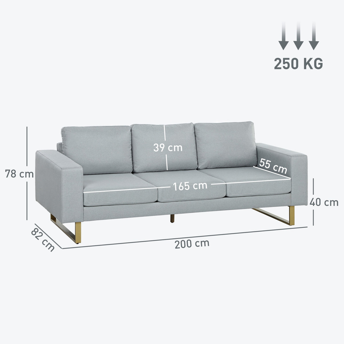 3-seater sofa, couch with solid wood frame, metal legs, simple design, light grey