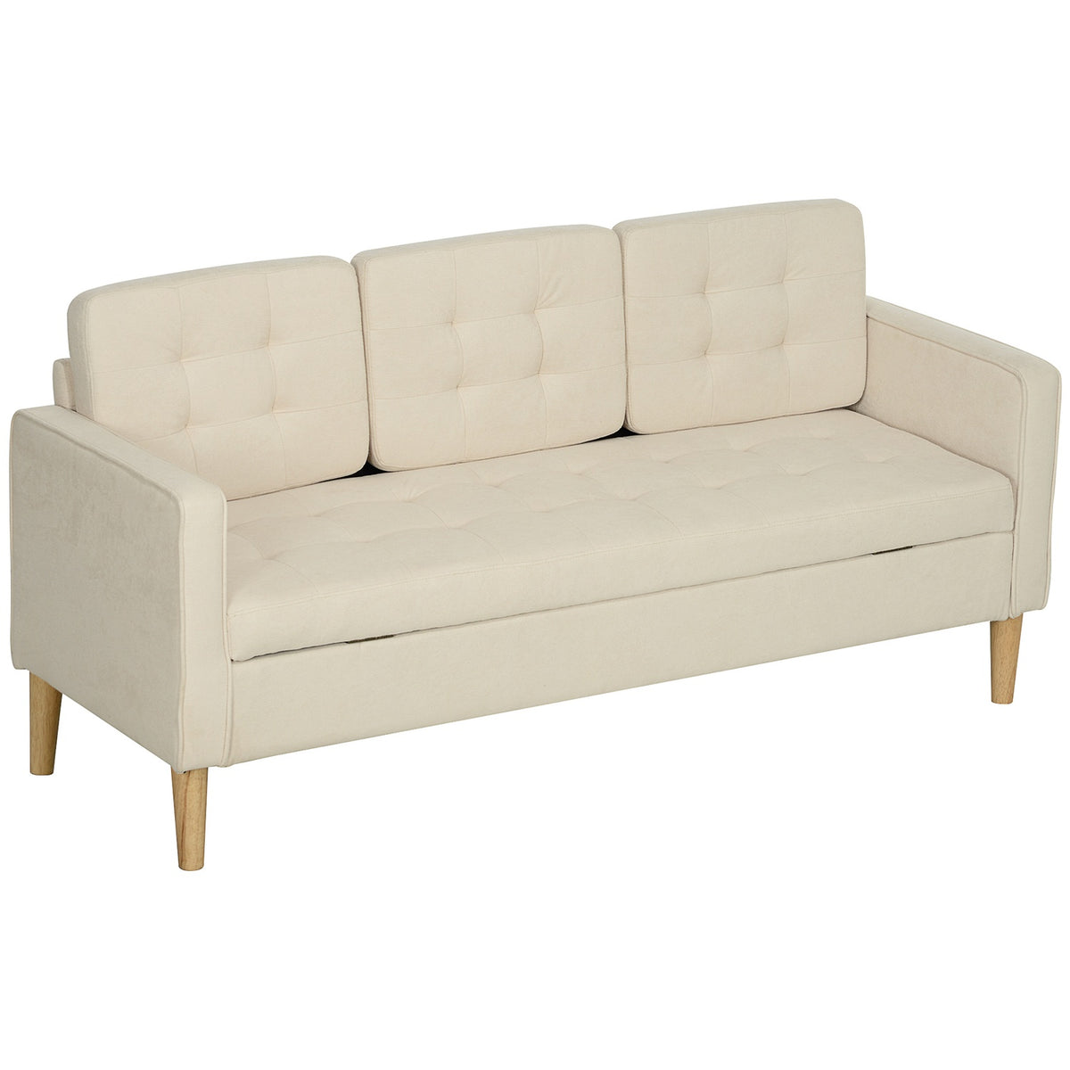 3 seater sofa, couch with storage space, wooden legs, upholstered sofa with velvet look for living room, bedroom, 166.5 x 62 x 82 cm, cream white