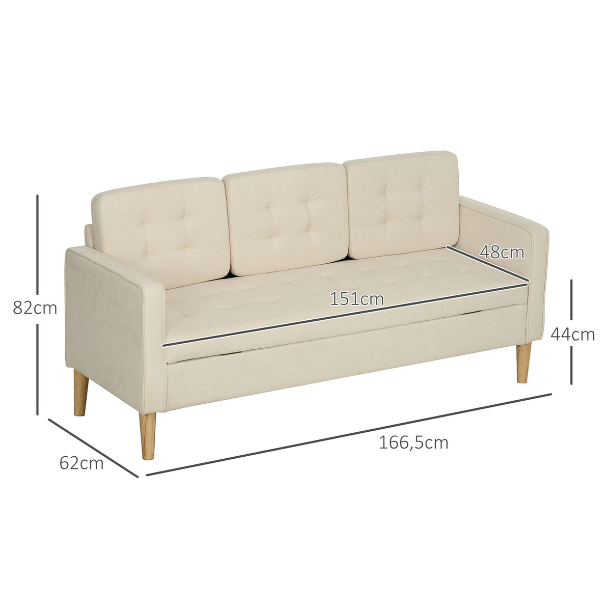 3 seater sofa, couch with storage space, wooden legs, upholstered sofa with velvet look for living room, bedroom, 166.5 x 62 x 82 cm, cream white