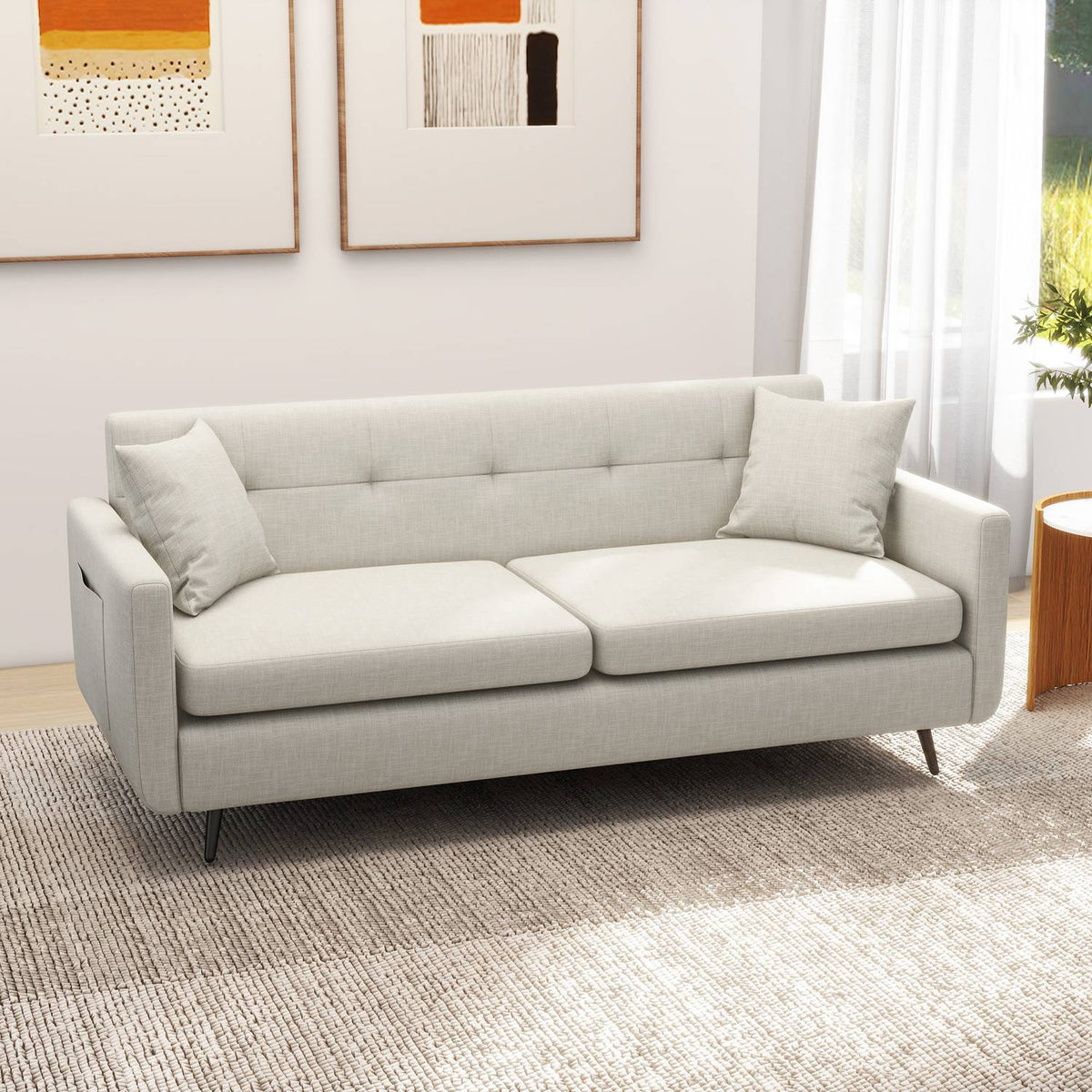 3-seater sofa, three-seater couch with armrests, decorative cushions, upholstered sofa with side pocket, for living room, bedroom, 165 x 73 x 72 cm