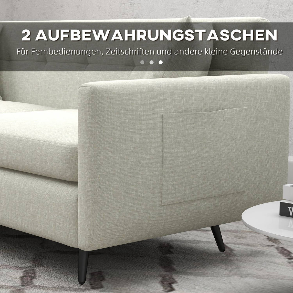 3-seater sofa, three-seater couch with armrests, decorative cushions, upholstered sofa with side pocket, for living room, bedroom, 165 x 73 x 72 cm