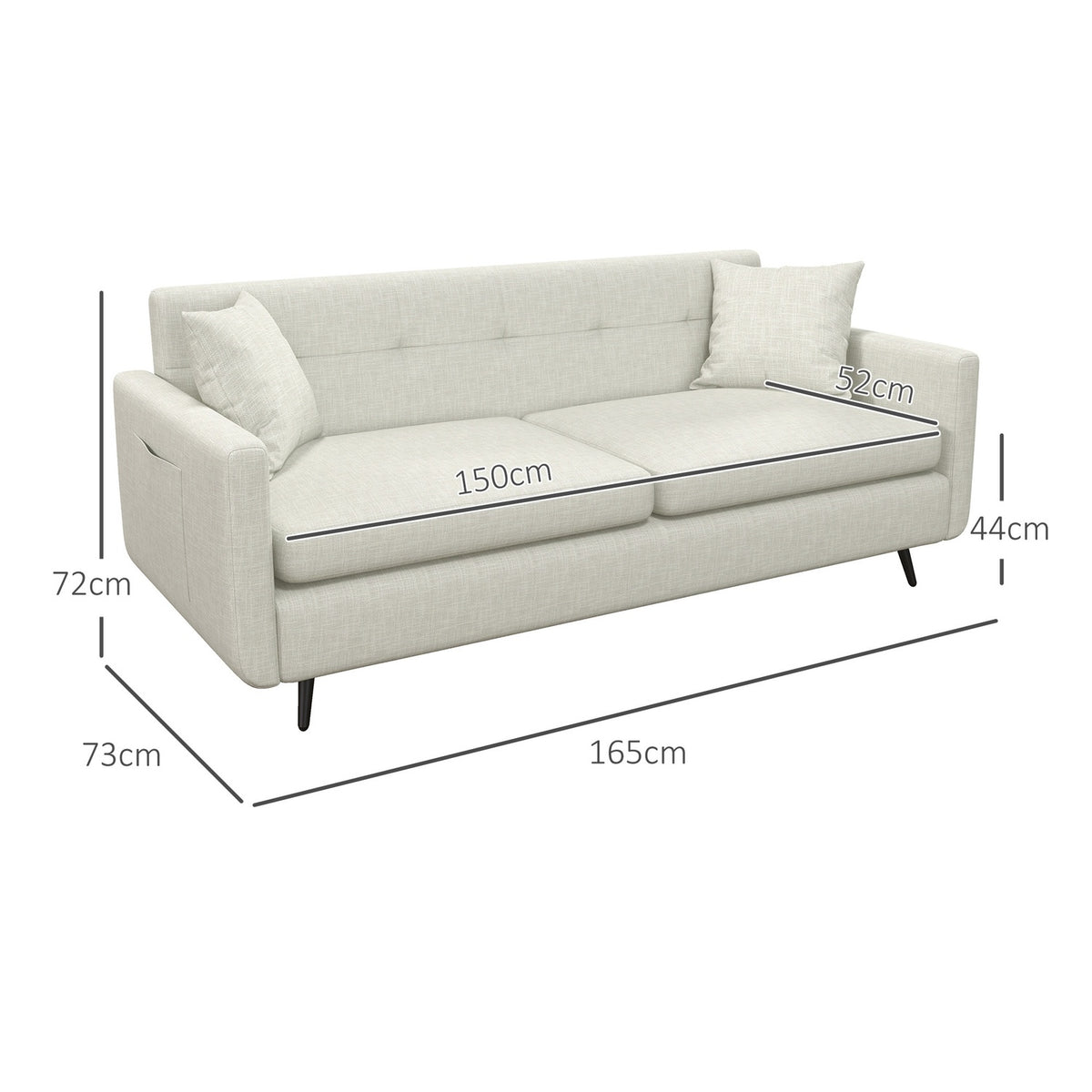 3-seater sofa, three-seater couch with armrests, decorative cushions, upholstered sofa with side pocket, for living room, bedroom, 165 x 73 x 72 cm