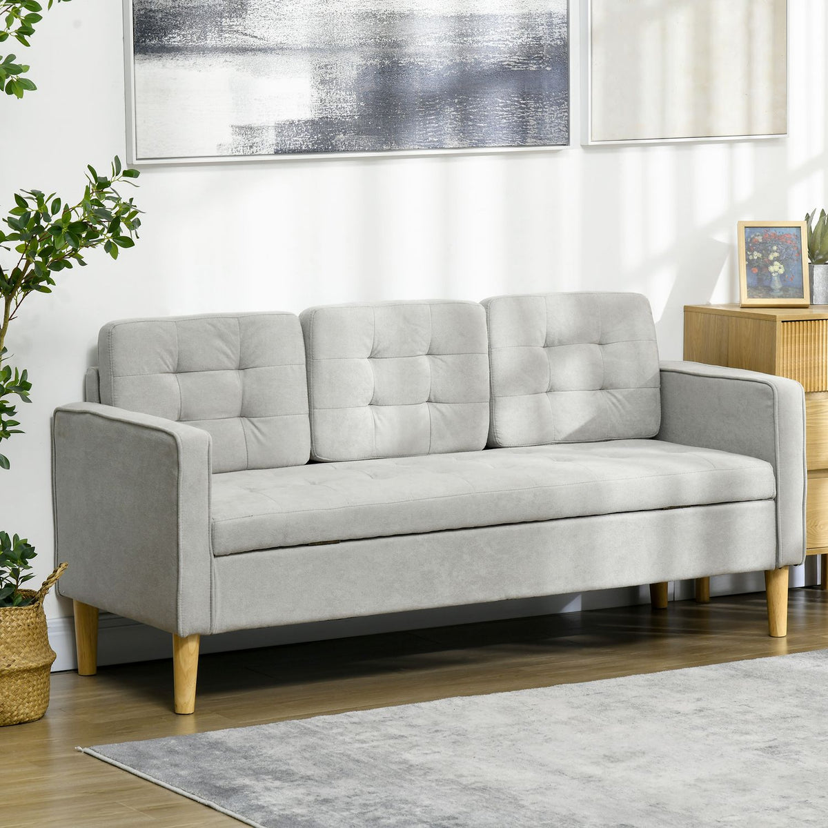 3-seater sofa, three-seater couch with storage space, armrest, upholstered sofa, for living room, bedroom, 166.5 x 62 x 82 cm, light gray
