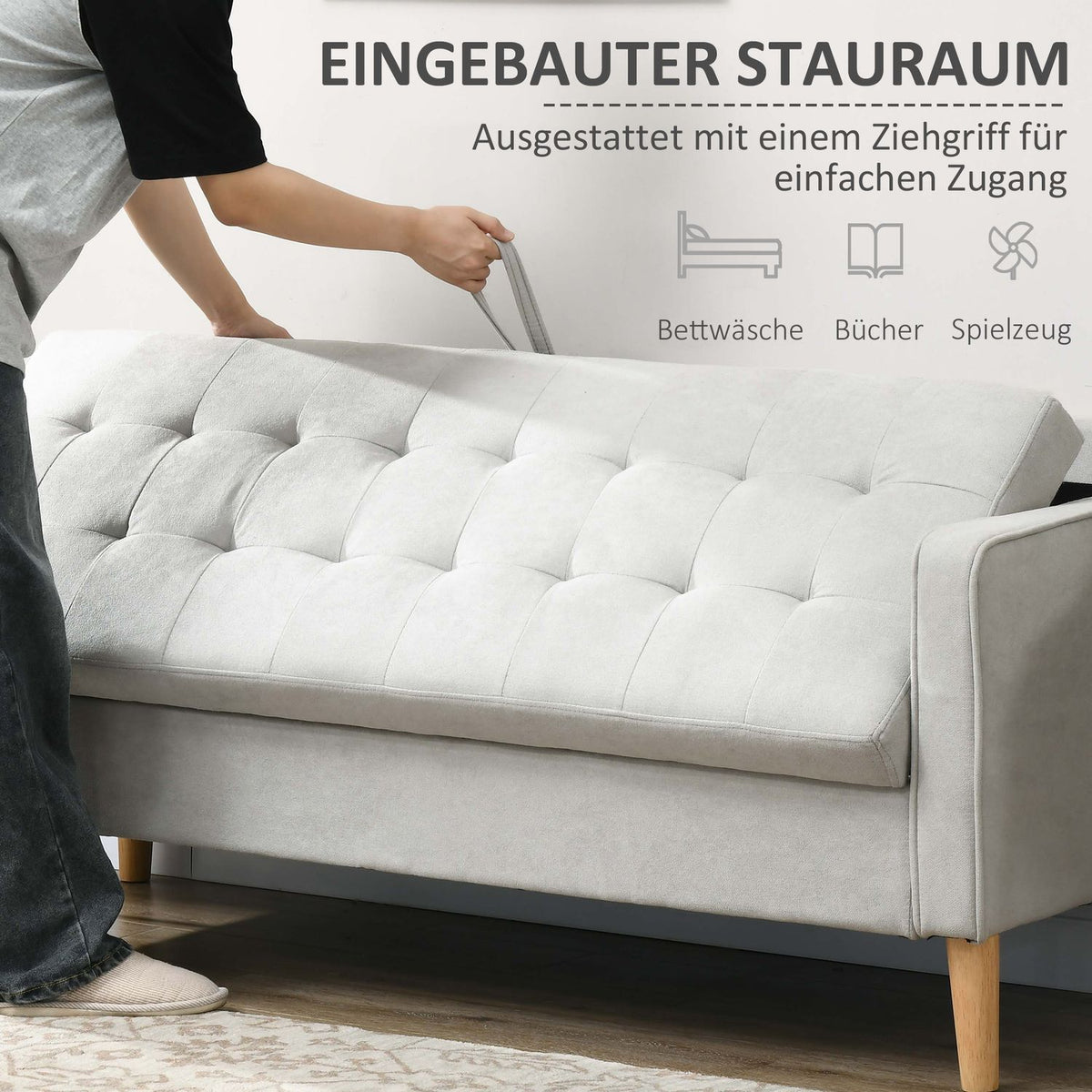 3-seater sofa, three-seater couch with storage space, armrest, upholstered sofa, for living room, bedroom, 166.5 x 62 x 82 cm, light gray