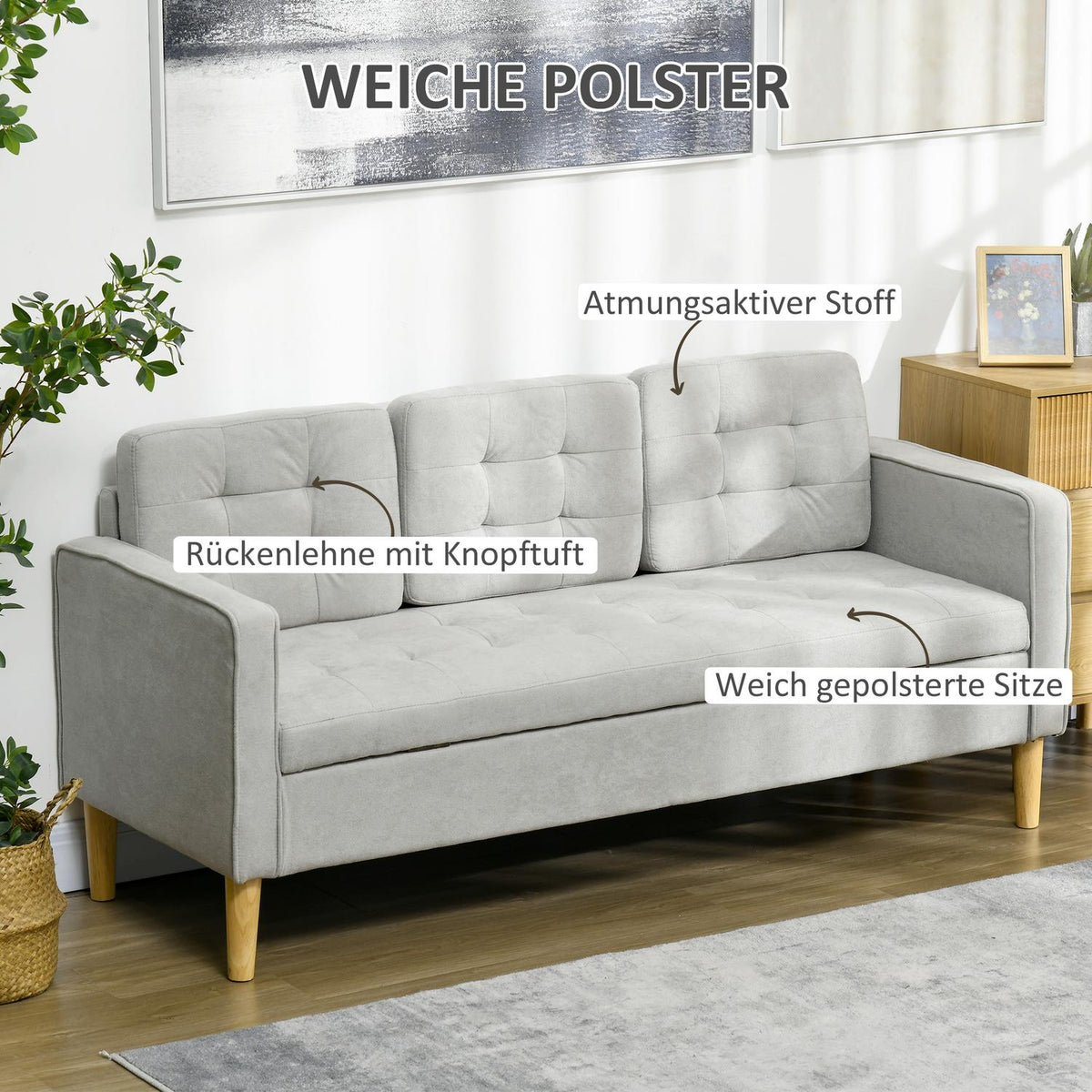 3-seater sofa, three-seater couch with storage space, armrest, upholstered sofa, for living room, bedroom, 166.5 x 62 x 82 cm, light gray