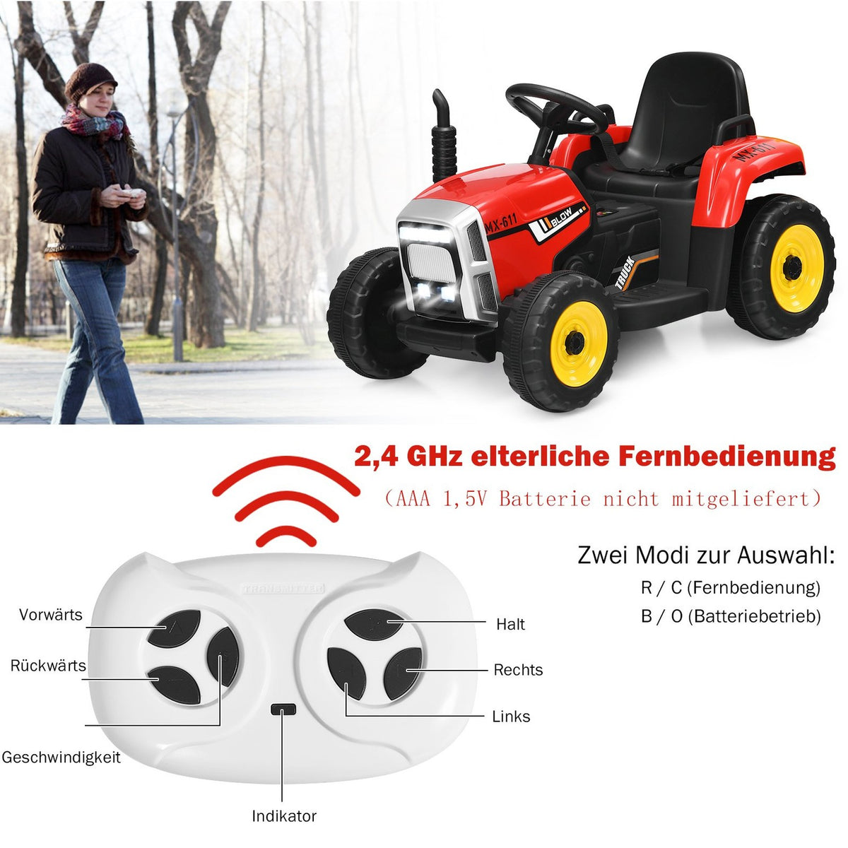 3-speed children's tractor 12V ride-on tractor with removable trailer red